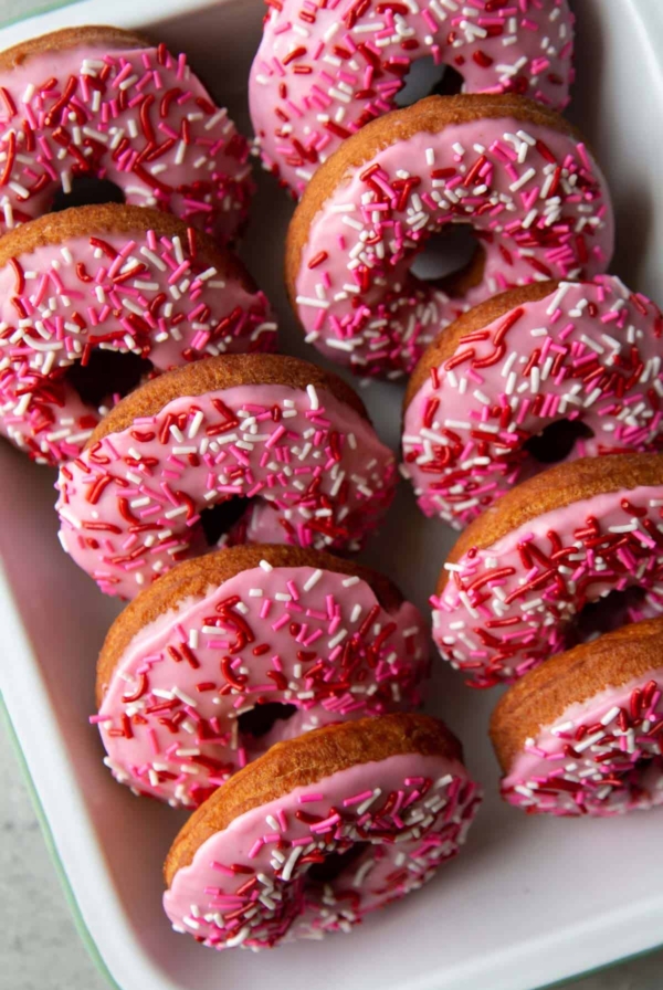 tray of valentine pink cake donuts with festive sprinkles.