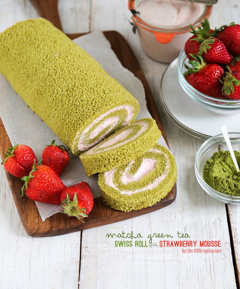 Matcha Green Tea Swiss Roll Cake with Strawberry Mousse
