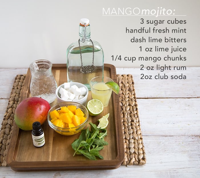 mango mojito ingredients include fresh mint, lime juice, mango puree, and rum.