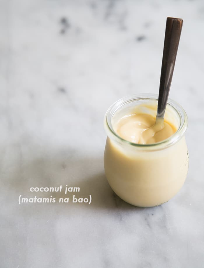 Coconut Jam (matamis na bao) in a glass jar. 