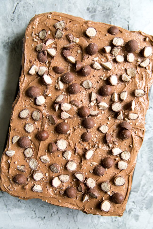 chocolate sheet cake frosted with chocolate buttercream topped with malt candy.