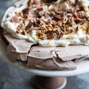 Chocolate Pavlova with maple and pecans