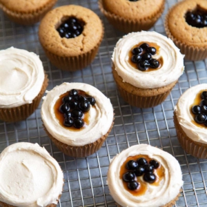 Boba Tea Cupcakes. Milk tea cupcakes filled with brown sugar boba and frosted with milk tea buttercream.