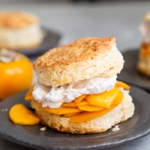 Coconut Persimmon Shortcake. A new spin strawberry shortcake. This dessert features coconut milk shortcake biscuits filled with sliced persimmons and coconut whipped cream. #persimmons #fuyupersimmons #fallbaking #shortcake #biscuits