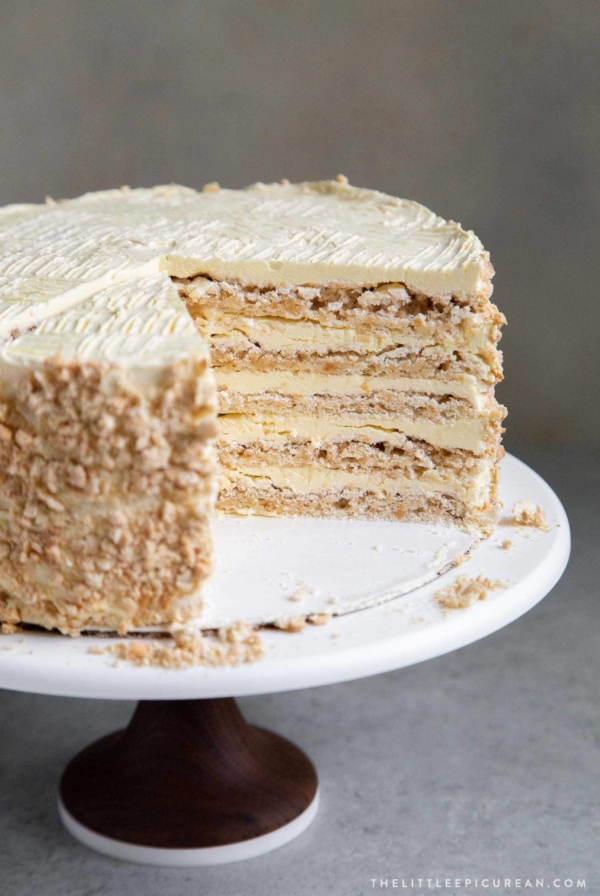 Interior shot of Sans Rival Cake. Filipino cake consisting of cashew dacquoise layered with French buttercream. #cake #dessert #glutenfree #cashews #buttercream #filipino #filipinodesserts #filipinorecipes