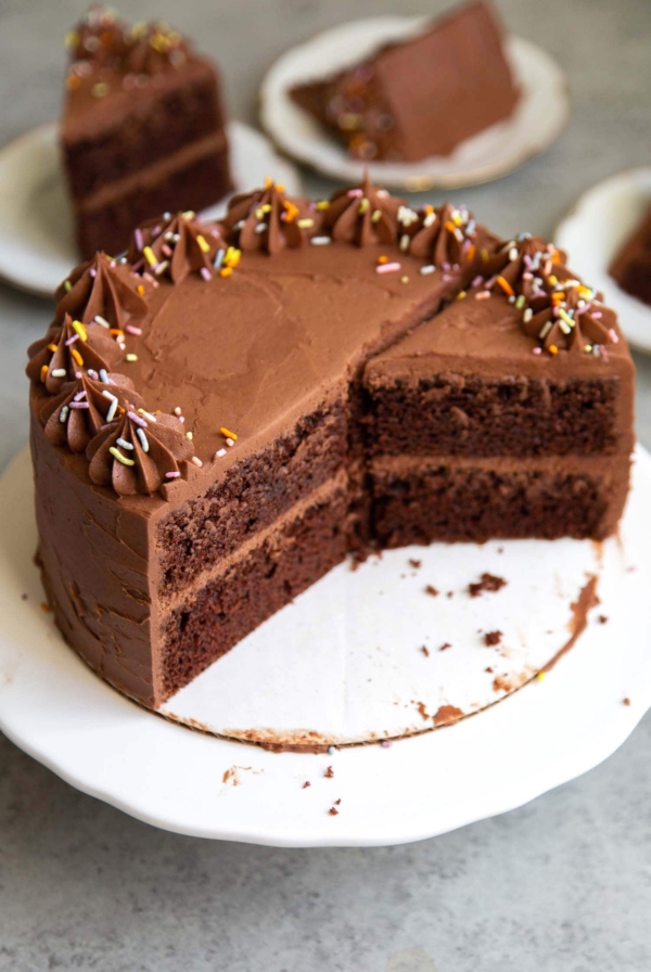 Interior of classic chocolate cake. two layer 8-inch chocolate cake.