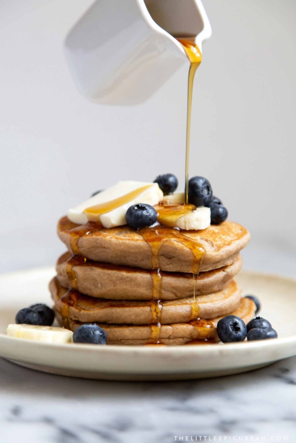 Gluten-free protein pancakes made with oat flour and protein powder