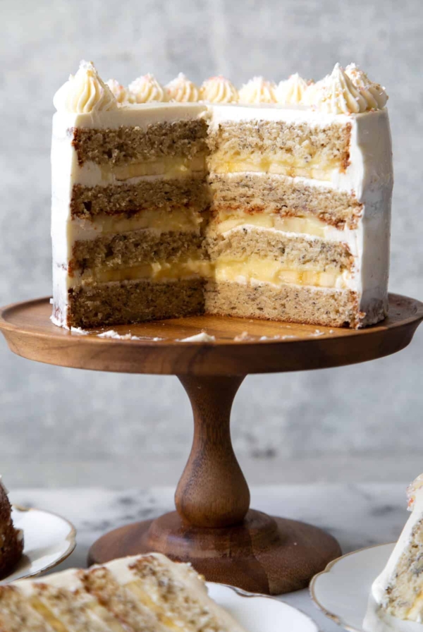 Banana cream cake with pastry cream and vanilla swiss buttercream