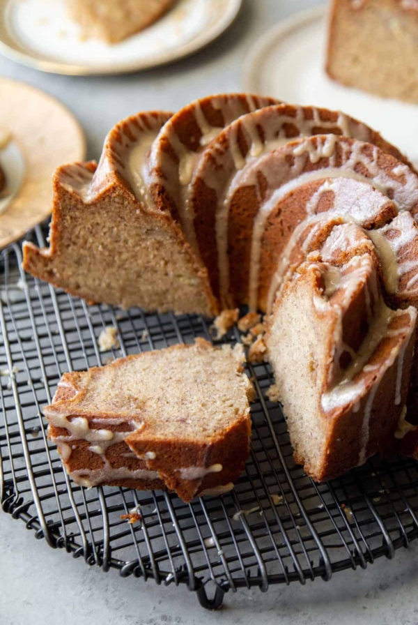 banana bundt cake slices on wire rack