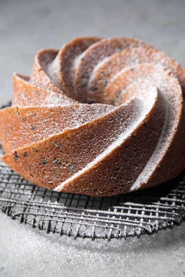 powdered sugar dusted chocolate chip bundt cake.