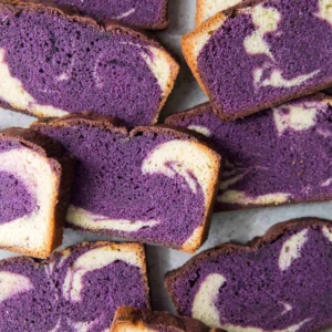 slices of ube pound cake overhead.