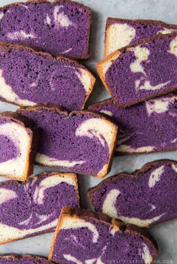 slices of ube pound cake overhead.