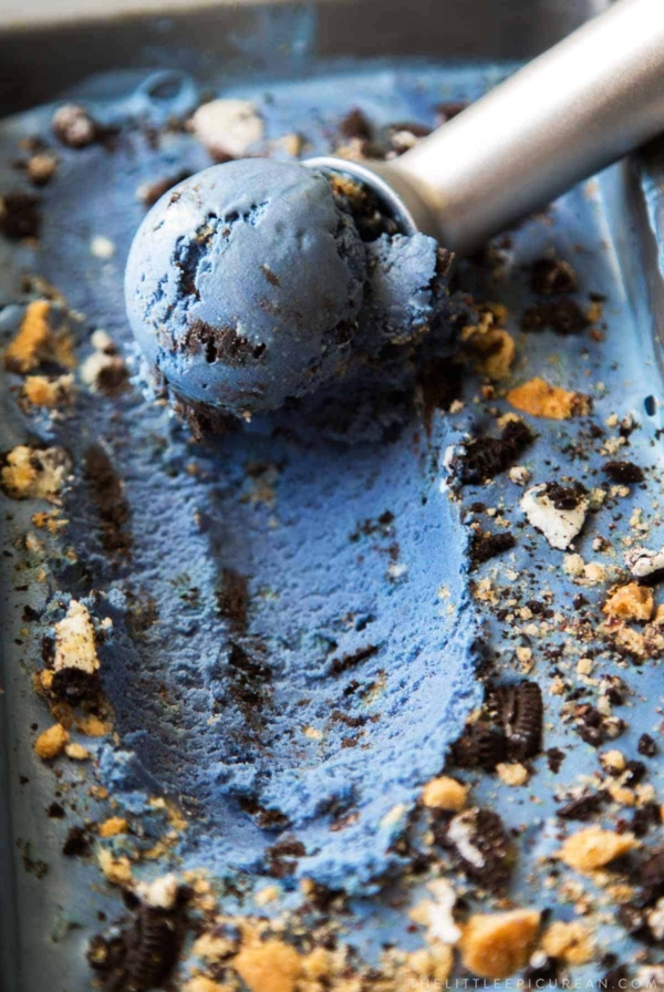 naturally blue colored vanilla ice cream studded with chopped cookie bits.