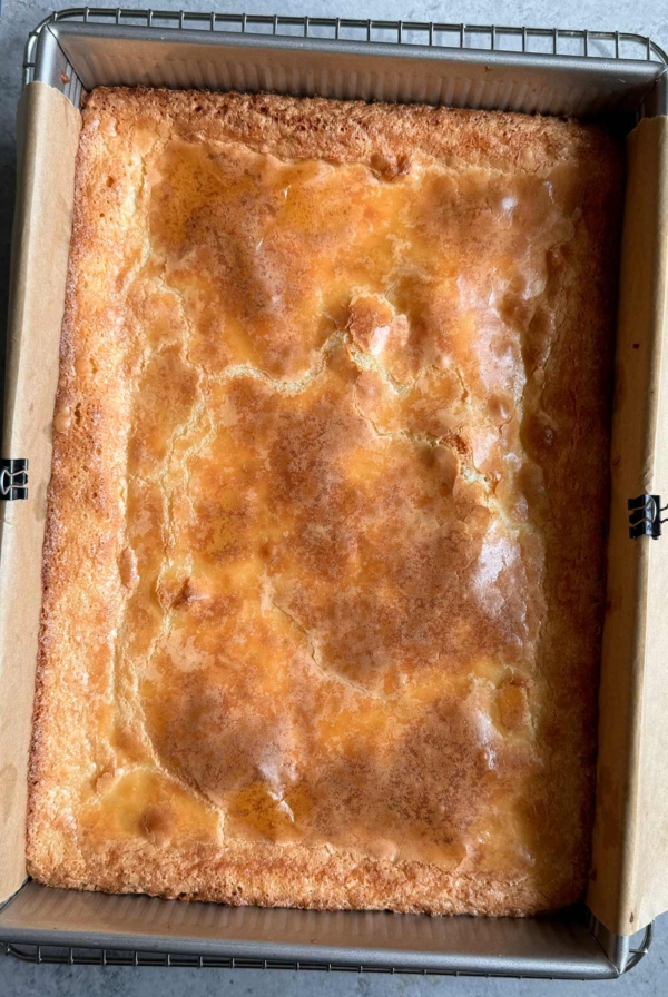 gooey butter cake in baking pan.